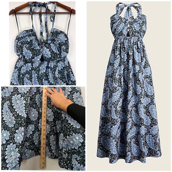 J.Crew Collection Blue Floral Halter Midi Dress size 6 Open Back Tie Neck - Picture 5 of 9